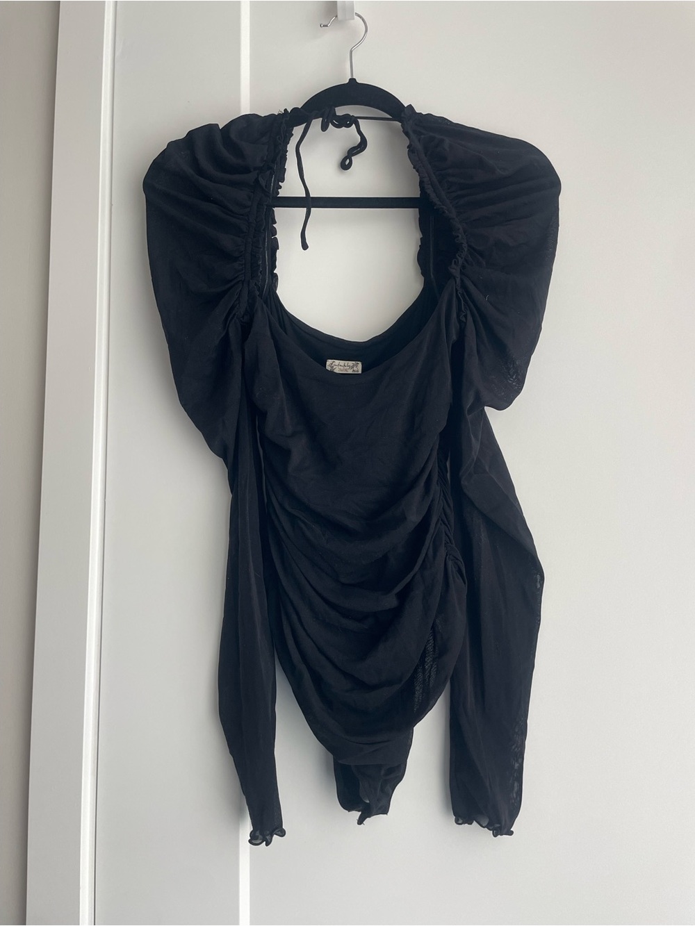 Free People Black Ruched Long-Sleeve Bodysuit